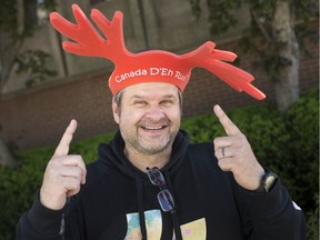 Chris Uszynski, race director at Running Flat, wears Canada D'eh Race styrofoam antlers on May 23, 2019.