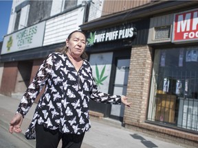 Christine Wilson-Furlonger, director of Street Help, points out the businesses surrounding the homeless centre on Monday, May 27, 2019, in response to comments by the new vice-chairman of the Wyandotte Town Centre BIA, Larry Horwitz.