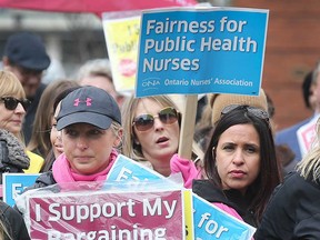 Striking members of Ontario Nurses' Association Local 8 at a rally outside the Windsor-Essex County Health Unit on April 12, 2019.