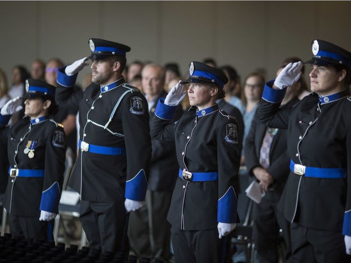  Members of the William Macri 4th Watch stand at attention at the 8th Annual Essex-Windsor Emergency Medical Services (EMS) Survivor Day at the St. Clair Centre for the Arts, Thursday, May 30, 2019.