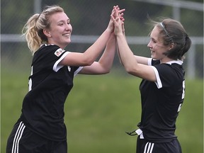 L'Essor Aigles Angelie Arsenault, left, and Keira McManus will have a home-field advantage at the OFSAA girls' AA soccer championship.