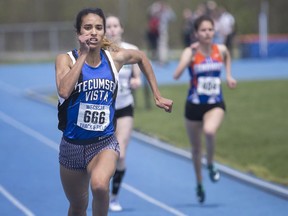 LASALLE, ONT:. MAY 16, 2019 - Krystalann Bechard, from Tecumseh Vista Academy, breaks a W.E.C.S.S.A.A record in the 200m at the Sandwich Secondary School, Thursday, May 16, 2019.