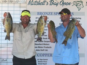 Chris Gebal (left) and Mike Cylwa show off part of their 22-pound 14-ounce catch on the opening day of the fifth annual Canadian Tire Mitchell's Bay Open bass tournament on Lake St. Clair in 2018. Ellwood Shreve/Postmedia Network
