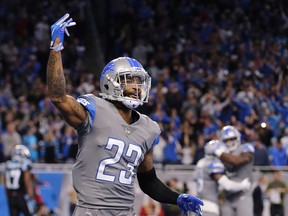 Darius Slay of the Detroit Lions celebrates a win over the Carolina Panthers at Ford Field on November 18, 2018 in Detroit, Michigan. Detroit defeated Carolina 20-19.