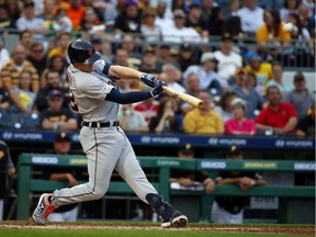 Brandon Dixon of the Detroit Tigers a home run in the third inning against the Pittsburgh Pirates during inter-league play at PNC Park on June 19, 2019 in Pittsburgh, Pennsylvania.