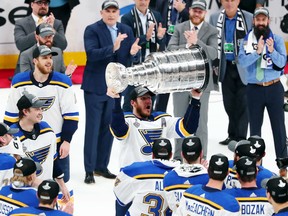 BOSTON, MASSACHUSETTS - JUNE 12: Alexander Steen #20 of the St. Louis Blues celebrate with the cup after defeating the Boston Bruins in Game Seven to win the 2019 NHL Stanley Cup Final at TD Garden on June 12, 2019 in Boston, Massachusetts.