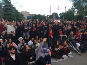 Crowds at Charles Clark Square in downtown Windsor cheer on the Toronto Raptors during Game 5 of the NBA Finals against the Golden State Warrior in Toronto. The Raptors entered the game leading the series 3-1. F