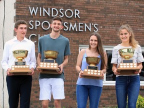 Windsor, Ontario. June 24, 2019 --   Hadre Cup Award recipients Thomas Byrne, left, and Paul Mikhail and Repko Cup Award winners Chloe Clement and Alessandra Pontoni, right, at Windsor Sportsmen's Club Monday. The awards are giving by Windsor Essex County Secondary School Athletic Association to the deserving male and female student athletes of the year.