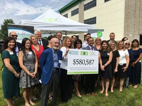 Recipients and donors pose for a photo during a press event at which the WindsorEssex Community Foundation and Green Shield Canada announced the successful recipients of the Green Shield Canada Six 4 Six Community Granting initiative.