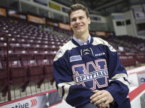 WINDSOR, ONT:. JUNE 14, 2019 - Egor Afanasyev, who just committed with Windsor Spitfires, speaks with the media at the WFCU Centre, Friday, June 14, 2019.  Afanasyev is a projected first-round pick in the upcoming 2019 NHL Draft.