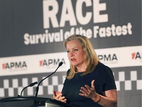 Be flexible, focus long-term. Linda Hasenfratz, CEO of Linamar Corp., speaks June 12, 2019, at the Automotive Parts and Manufacturers Association conference at Caesars Windsor.