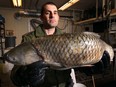 In this Jan. 16, 2014, file photo, Kevin Sprague, a conservation officer with the Ontario Ministry of Natural Resources, is shown in Wheatley displaying an Asian carp that was seized at the Windsor/Detroit border. An Edmonton trucking company was busted for importing a large quantity of the fish into Canada and fined $70,000.