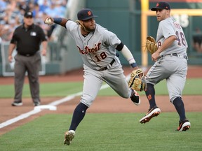 Detroit Tigers third baseman Dawel Lugo makes a late throw to first base in the second inning against the Kansas City Royals at TD Ameritrade Park Omaha.