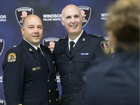 An open house to recognize Windsor Police Chief Al Frederick and his 35 years of service was held on Tuesday, June 18, 2019, at the Major FA Tilston VC Armoury. A long line of former and current colleagues and family and friends attended the event. Windsor Fire Chief Stephen Laforet, left, poses for a photo with Frederick during the event.