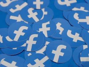 Stickers bearing the Facebook logo are pictured at Facebook Inc's F8 developers conference in San Jose, California, U.S., April 30, 2019.