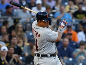 PITTSBURGH, PA - JUNE 18:  Miguel Cabrera #24 of the Detroit Tigers hits an RBI single in the third inning against the Pittsburgh Pirates during inter-league play at PNC Park on June 18, 2019 in Pittsburgh, Pennsylvania.