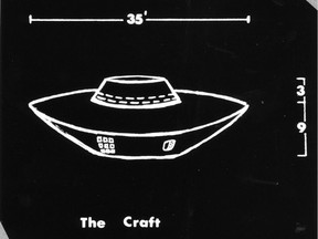 An artist's rendering of an object seen in 1967 near Falcon Lake, Manitoba, by a man who alleges he was burned by it when he approached. He claims he received second-degree burns and was treated eventually at the Mayo Clinic in Rochester, Minnesota.