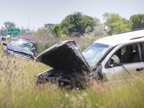 The wreckages of a silver minivan and a dark blue sedan that collided head-on around noon on Highway 3 on June 21, 2019. The driver of the silver minivan allegedly fled the scene.