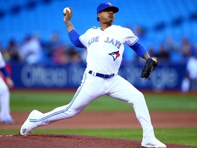 Toronto Blue Jays Marcus Stroman delivers a pitch in the first inning during a MLB game against the Los Angeles Angels at Rogers Centre on June 18, 2019 in Toronto. (Vaughn Ridley/Getty Images)