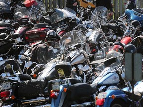 Hundreds of motorcycles parked in Kingsville during the Hogs For Hospice Blessing of the Bikes event on May 5, 2019.