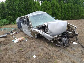The wreckage of a single-vehicle rollover crash on North Malden Road in Essex County on the morning of June 16, 2019.
