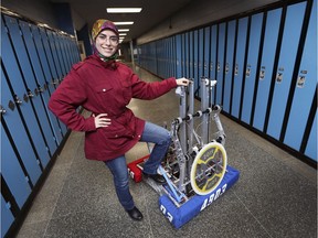 Shahed Saleh, a Grade 12 student at Vincent Massey Secondary School has received a $100,000 Schulich Leader Scholarship to study Mechatronics Engineering at the University of Waterloo. She is shown with the school robot on Wednesday, June 5, 2019.