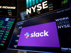 A monitor displays Slack Technologies Inc. signage during the company's initial public offering (IPO) on the floor of the New York Stock Exchange (NYSE) in New York, U.S., on Thursday, June 20, 2019.