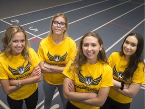 New recruits for the University of Windsor's track and field team, from left, Andreya Lafontaine, Rhiannon Hebert, Chloe Vidamour and Abbey Gibb, are pictured at the St. Denis Centre, Monday.