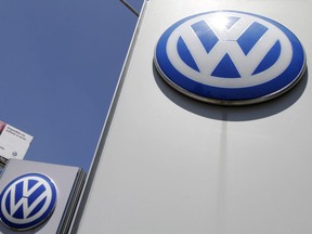 The logo of German carmaker Volkswagen is seen at the Volkswagen (VW) automobile manufacturing plant in Puebla near Mexico City Sept. 23, 2015.