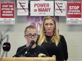 Josh Goldthorpe speaks as his mother Janice Hunter-Desjarlais looks on during a news conference on June 7, 2019, held by the Windsor and District Labour Council at the Unifor Local 444/200 hall to highlight cuts made by the provincial government.