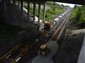 Crews work on the international rail tunnel between Sarnia and Post Huron where 47 rail cars came off the track while traveling from Sarnia to Port Huron June 28. CN Rail says crews are working around the clock to get the 1,900-metre tunnel up and running again by as soon as early next week, the deadline indicated in a press release Friday.