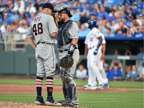 Starting pitcher Matthew Boyd of the Detroit Tigers talks with catcher Bobby Wilson in the sixth inning against the Kansas City Royals at Kauffman Stadium on July 13, 2019 in Kansas City, Missouri.