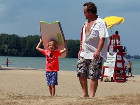 In this Aug. 4, 2016, file photo, Alex Tassey, 6, and his dad Christopher Tassey head home after a day of fun at Sandpoint Beach. The sand awaits as Windsor's city beach opens Friday.