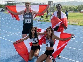 Locals Gage Marshall (top left) and Krystalann Bechard (bottom right) with Abdullahi Hassan and Angelina Shandro from Canada's bronze-medal winning 4x400-metre mixed relay team taken at the NACAC U18 track and field championships in Mexico.    Image courtesy of Athletics Canada / Windsor Star