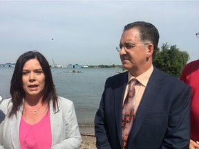 Lisa Gretzky (left) and Brian Masse speak during a press conference seeking community enhancement projects if the Ambassador Bridge is allowed to twin the current span.