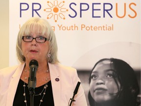 Windsor, Ontario. July 24, 2019 -- ProsperUs co-chair Janice Kaffer speaks during release of the milestone report entitled Coming Together: Building a hopeful future for children and youth in Windsor-Essex County.