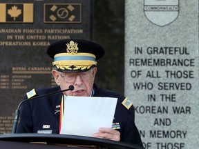 Col. Sol Baltimore, retired U.S. Army, speaks during a community centered Korean War Memorial Service marking the 66th anniversary of the signing of the Korean War Armistice. The event was held Saturday at Dieppe Park.
