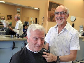 After trimming beards and eyebrows and cutting hair for over 50 years, Bart Notarangelo, right, is retiring.  Arriving in Windsor from Puglia, Italy in 1970, Notarangelo quickly established regular customers in South Windsor and moved into his own shop, Bart's Place on Howard Avenue in the 90s.  In photo, Bart cuts the hair of his friend, Amedeo Falconio who has known Notarangelo for decades. Notarangelo will be spending more time with his wife and two children and he has already sold his vintage 100-year-old barber chairs.