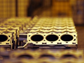Aluminum engine blocks on the production line at the Nemak Windsor aluminum plant in Windsor on Wednesday Jan 18, 2006.