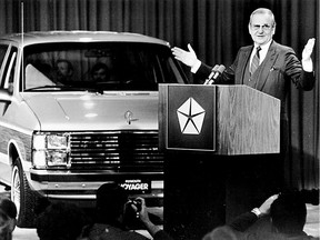 Lee Iacocca unveils the Chrysler minivan, produced at Windsor Assembly Plant, in November 1983.