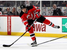 NEWARK, NJ - MARCH 25:  Dalton Prout #47 of the New Jersey Devils takes a shot in the second period against the Carolina Hurricanes on March 25, 2017 at Prudential Center in Newark, New Jersey.