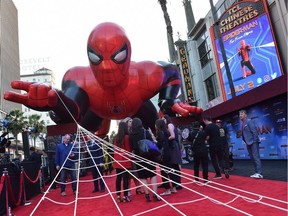 In this photo taken June 26, 2019, a giant inflatable Spider-Man is displayed on the red carpet for the Spider-Man: Far From Home World premiere in Hollywood. Another Spider-Man movie will soon be hitting the outdoors in Essex.