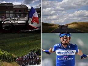 This combination of photos taken during the third stage of the 106th edition of the Tour de France cycling race between Binche and Epernay, Belgium, on July 8, 2019, shows (Clockwise From Top L) A French national flag flies on a convertible car as riders pass by; The pack rides in the countryside; Cyclists ride on a road surrounded by vineyards; French rider Julian Alaphilippe celebrates his victory as he crosses the finish line.