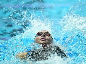 Canada's Kylie Masse  competes in the semi-final of the women's 200m backstroke event during the swimming competition at the 2019 World Championships at Nambu University Municipal Aquatics Center in Gwangju, South Korea, on July 26, 2019.