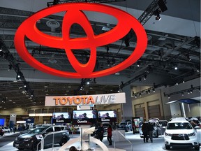(FILES) This file photo taken on January 27, 2016 shows the Toyota logo at the 2016 Washington Auto Show in Washington, DC.
