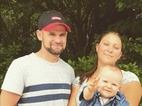 Alex Durham of Amherstburg (left) with his wife Sarah and son Oliver in an image from a tribute video posted to a fundraising campaign on his family's behalf. Durham died in a farming accident at WETRA on July 11, 2019.