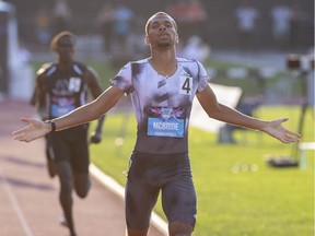 Brandon McBride reacts after winning the Men's 800m final at the Canadian Track and Field Championships in Montreal, Saturday, July 27, 2019.