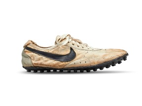 The Nike "Moon Shoe" one of only about 12 pairs of the handmade running shoe designed by Nike co-founder and legendary Oregon University track coach Bill Bowerman, is seen in this Sotheby's image released on July 11, 2019.