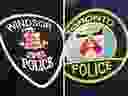 Badges of the Windsor Police Service and the Toronto Police Service.