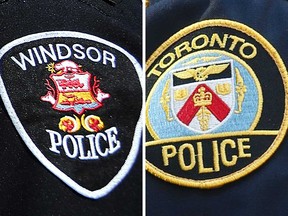 Badges of the Windsor Police Service and the Toronto Police Service.